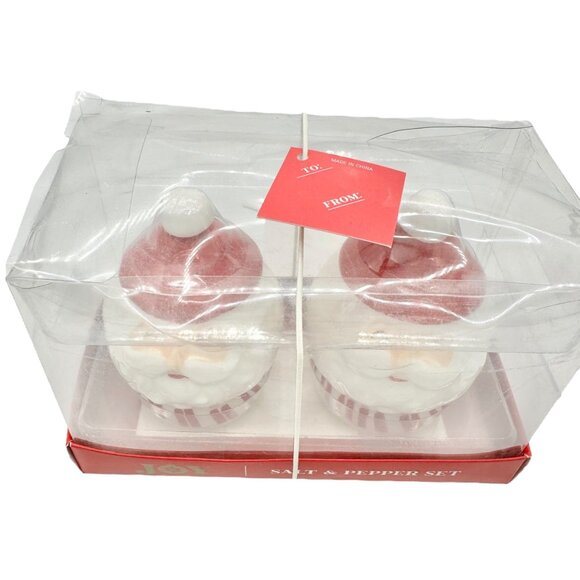 Joy Santa Face Ceramic Salt and Pepper Shaker Set Peppermint Christmas NIB - Picture 7 of 12